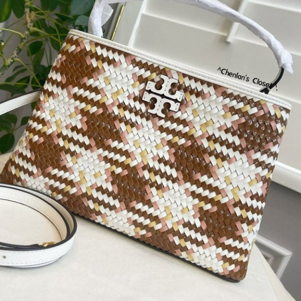 Tory Burch Britten Woven Satchel in Brown and Cream - Picture 9 of 15